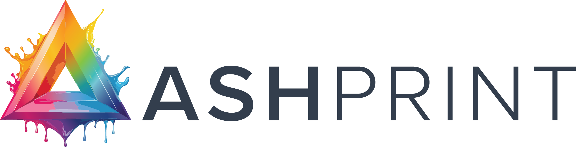 Ashley Printers logo - ASH PRINT new name, with new triangle logo with all colours of the spectrum with splashes of colour on top and colour dripping below